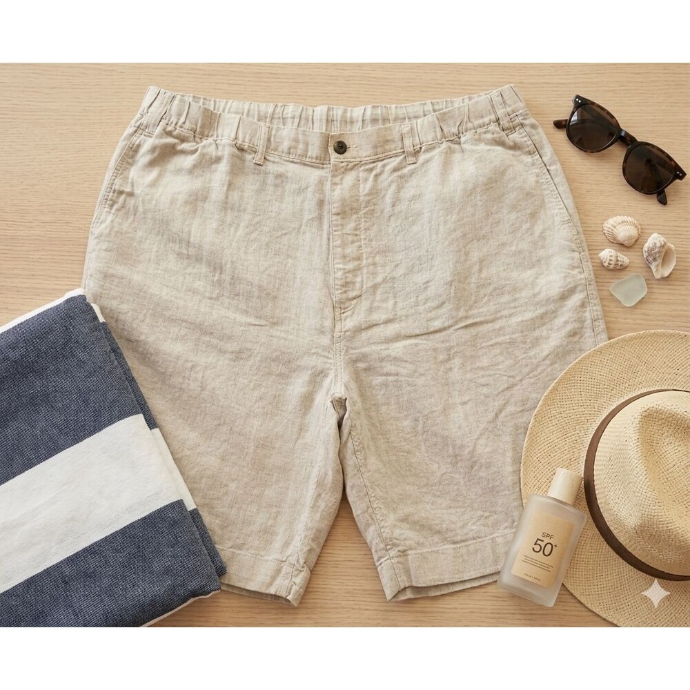 Caribbean Men’s 44 Linen Shorts 100% Linen Elastic Waist Drawstring Beige Casual